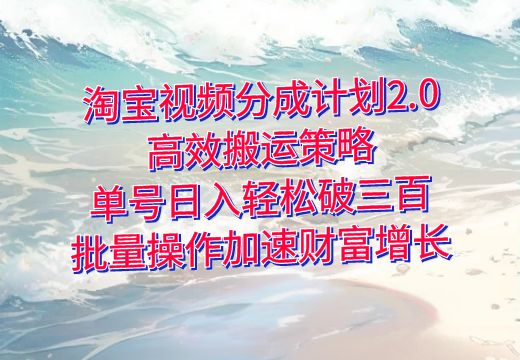 淘宝视频分成计划2.0：高效搬运策略，单号日入轻松破三百，批量操作加速财富增长_知途无界